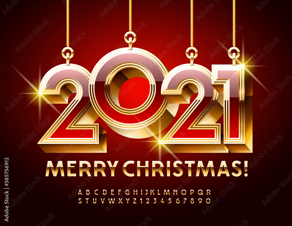 Vector elite greeting card Merry Christmas with Red and Gold toys 2021. Shiny chic Font. Luxury Alphabet Letters and Numbers 