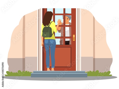 Social distance greeting with grandmother. Avoid virus spreading, corona virus prevention vector illustration. Senior woman isolation at home, girl waving through glass door