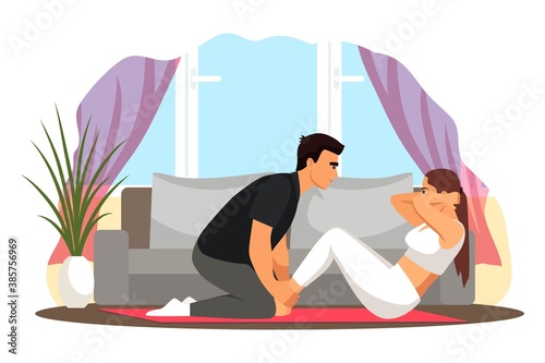 People exercising at home. Healthy sport workout for health indoor vector illustration. Young man helping woman training on floor. Happy active fitness and gymnastics work