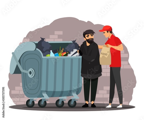 Man helping poor homeless man with food. Poverty and charity vector illustration. Guy giving dinner to beggar in poverty near trash bins. Social inequality and aid in society