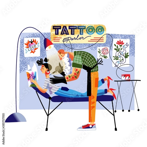Artist painting tattoo on girlʼs neck in salon. Man doing tattoo on woman lying on couch and reading magazine, tattooist working at retro studio. Vintage style pattern vector illustration