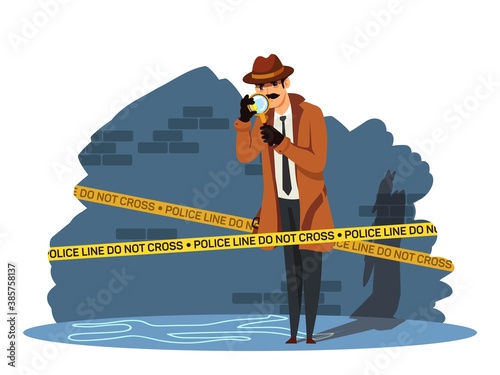 Spy looking at crime investigation scene. Sleuth searching man and evidence. Police detective work vector illustration. Inspector with magnifying glass at muder scene with tape lines