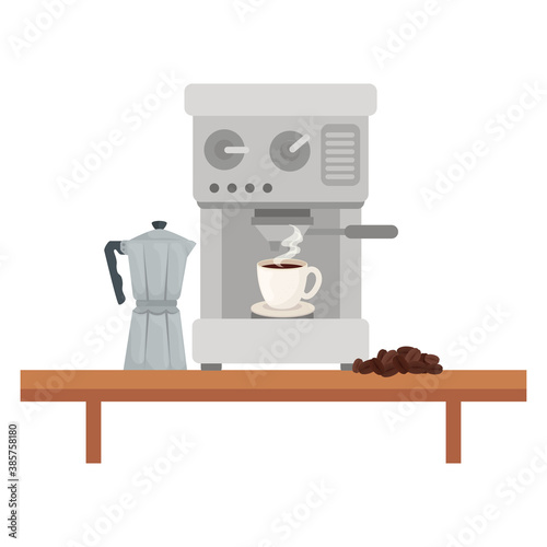 coffee machine with cup moka pot and beans on table design of drink caffeine breakfast and beverage theme Vector illustration