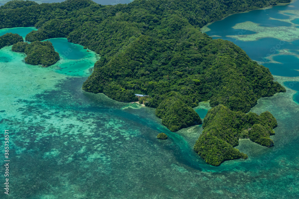 Aerial shot of tropical islands and secluded resort in Palau
