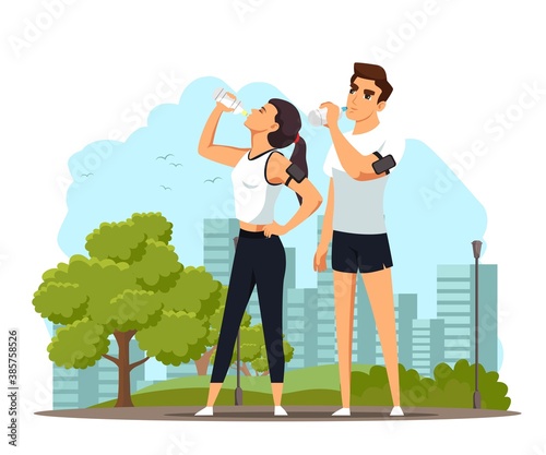 People drinking pure water after run. Woman and man gulping clean fresh water during sport break in park. Healthy lifestyle vector illustration. Sportsman exercising in nature