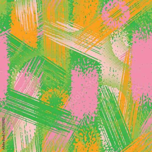 Abstract grunge seamless chaotic pattern with brushstrokes. Urban spring camouflage texture. Trendy colorful background. Modern wallpaper. Fashionable print with a shabby paint effect.