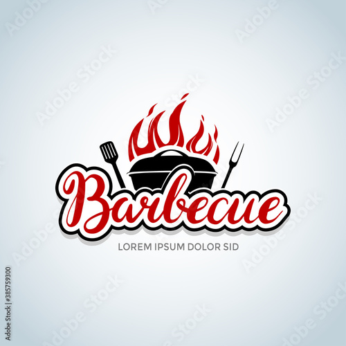 barbecue logo with bbq logotype and fire concept in combination with spatula. Barbecue party logo, party invitation template. Vector illustration.