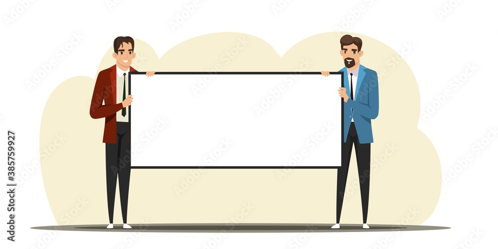 Two business men holding blank banner. Professional people with white announcement board. Poster in hands, copy space vector illustration Two business men holding blank banner. Professional people with white announcement board. Poster in hands, copy space vector illustration