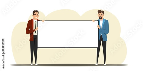 Two business men holding blank banner. Professional people with white announcement board. Poster in hands, copy space vector illustration