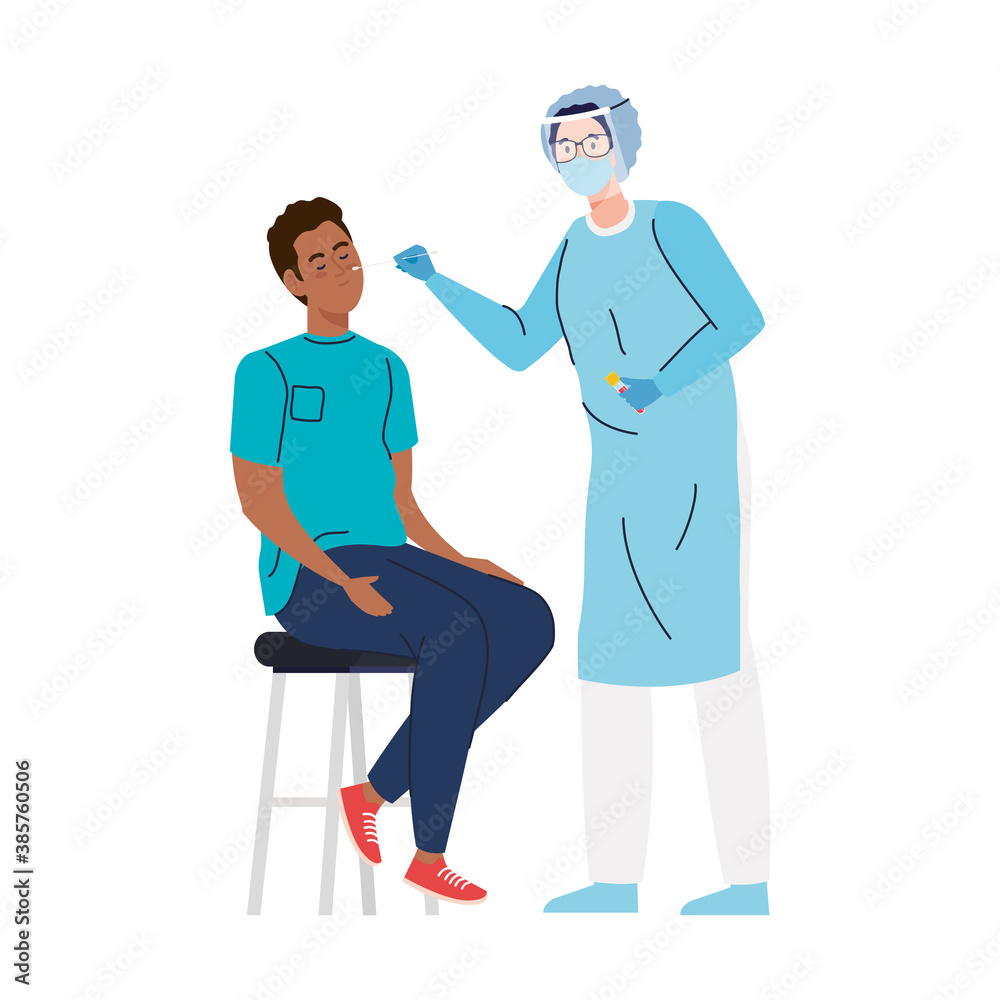 doctor making covid 19 virus test to a man on chair design of 2019 ncov cov and coronavirus theme Vector illustration doctor making covid 19 virus test to a man on chair design of 2019 ncov cov and coronavirus theme Vector illustration