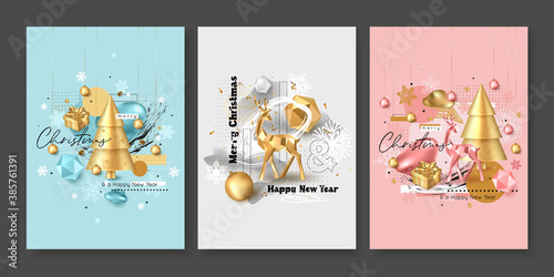 Set of Merry Christmas and Happy New Year greeting card template. Vector illustration.