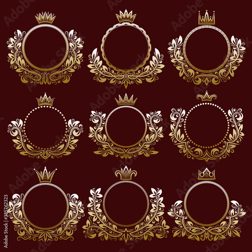 Floral coat of arms frames with crowns for logo design creating.