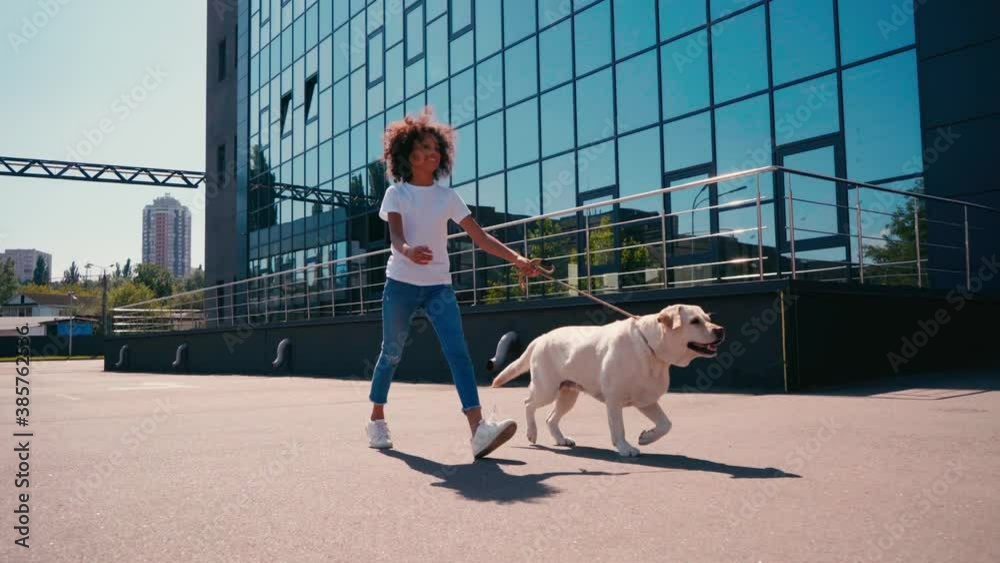 African american girl walking fast with labrador near modern building