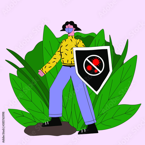 vector illustration eps 8 male with shield and mask fighting pandemic. fight against coronavirus.Protective agents against virus.Plants on background.Young male character healthcare, the immune system