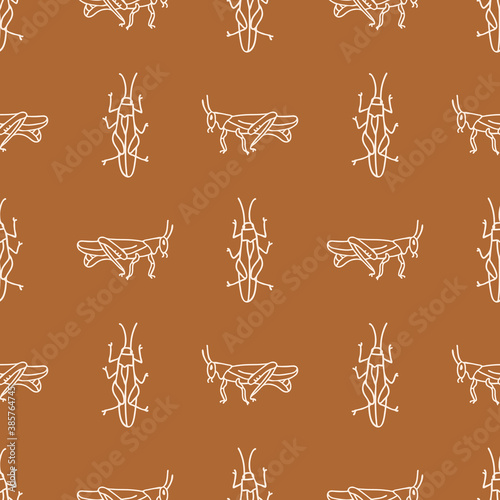 Seamless background grasshopper pest gender neutral pattern. Whimsical minimal earthy 2 tone color. Kids nursert wallpaper or boho cartoon bug fashion all over print.  photo