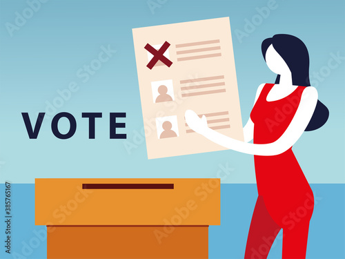 election day, woman with vote ballot and box
