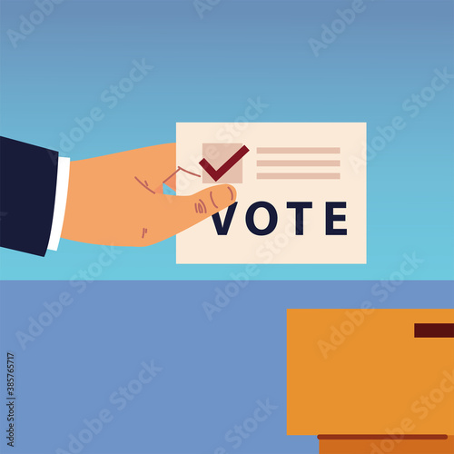 election day, hand with vote ballot and box