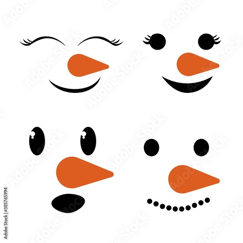 Set cute, funny snowman faces isolated on white background. Holiday decorations. Childish naive character, expression. Vector illustration
