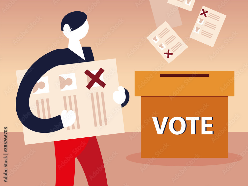 election day, cardboard box many vote ballot and man with paper election day, cardboard box many vote ballot and man with paper