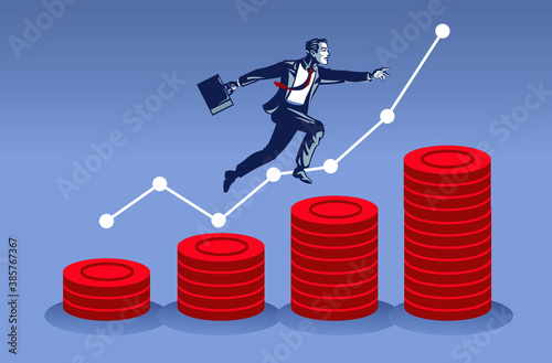 Businessman Jumping Over Pile of Coins. Business Illustration Concept of Financial Development