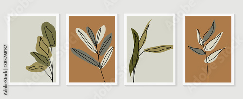 Botanical wall art vector set. Earth tone boho foliage line art drawing with  abstract shape.  Abstract Plant Art design for print, cover, wallpaper, Minimal and  natural wall art.