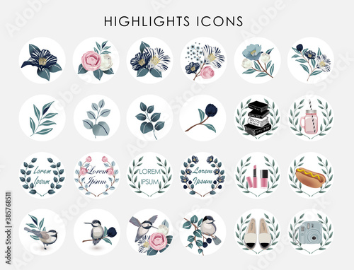 Vector illustration of Instagram Highlights cover icons. Set of beautiful flowers and branches. Design for bloggers