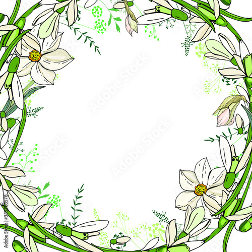 Round garland with spring flowers daffodils and and small blue flowers. Decorative season floral frame for festive design