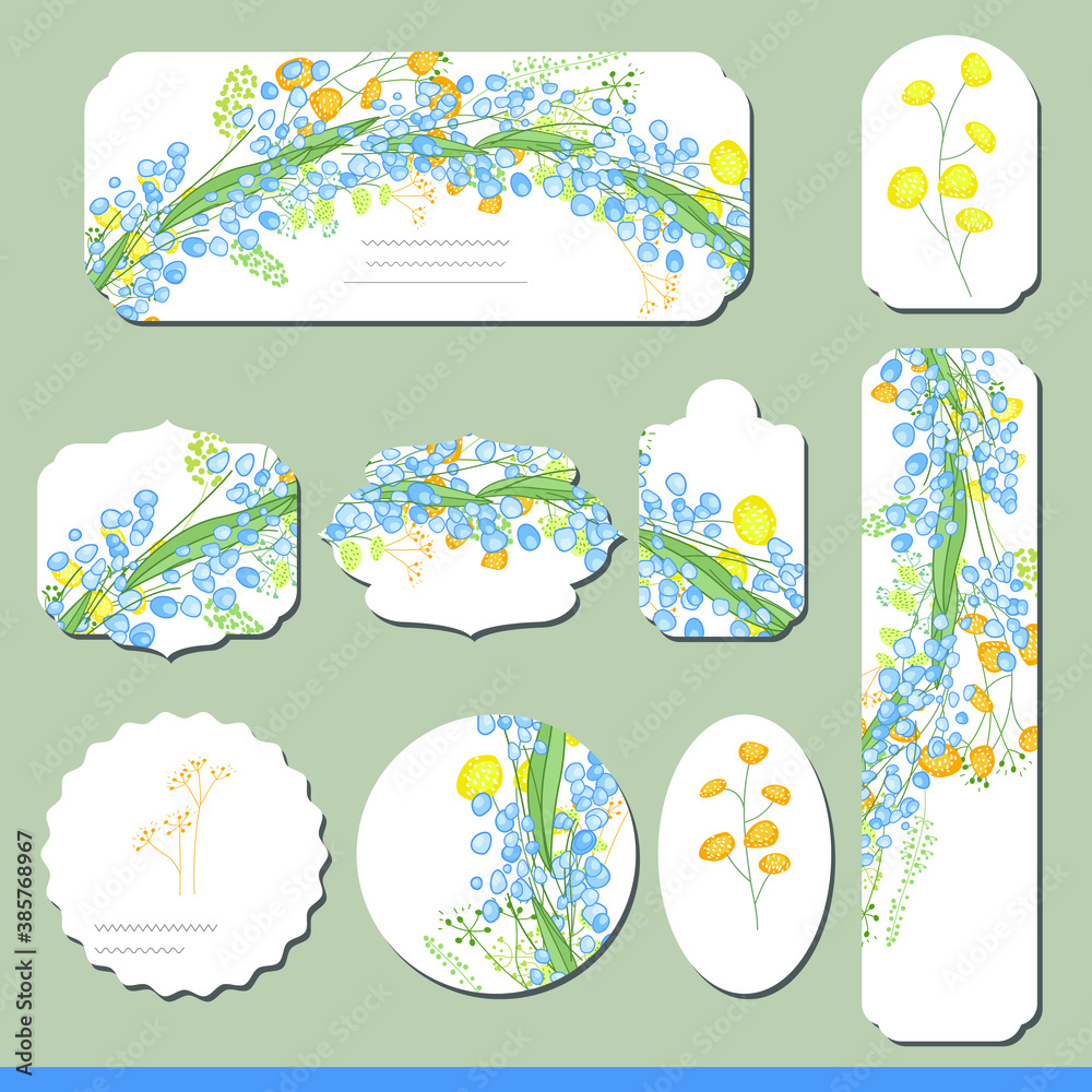 Collection with different floral paper labels for  announcements. Round,square,rectangular, different shapes. Spring flowers