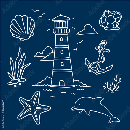 Vector illustration of white color marine elements set on dark blue background. Line art style design of striped lighthouse, anchor, dolphin, lifebuoy starfish and other object