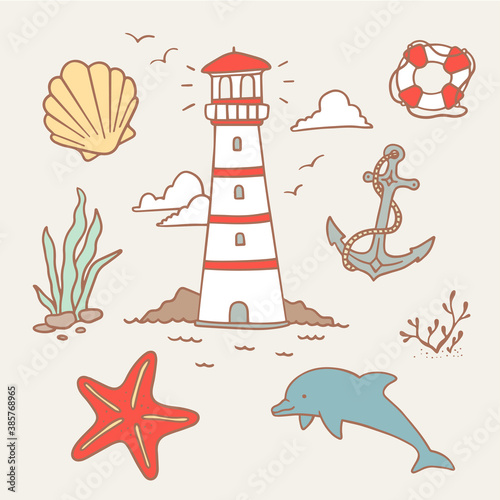 Vector illustration of lovely color sea set with striped lighthouse, anchor, dolphin, starfish on light background.