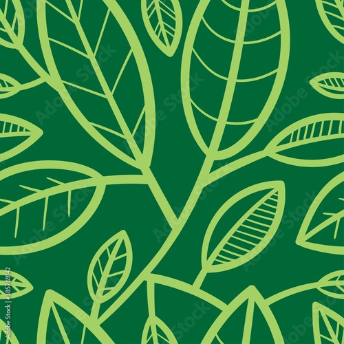 Seamless pattern with different eaves on  green background. Vector print with plants.
