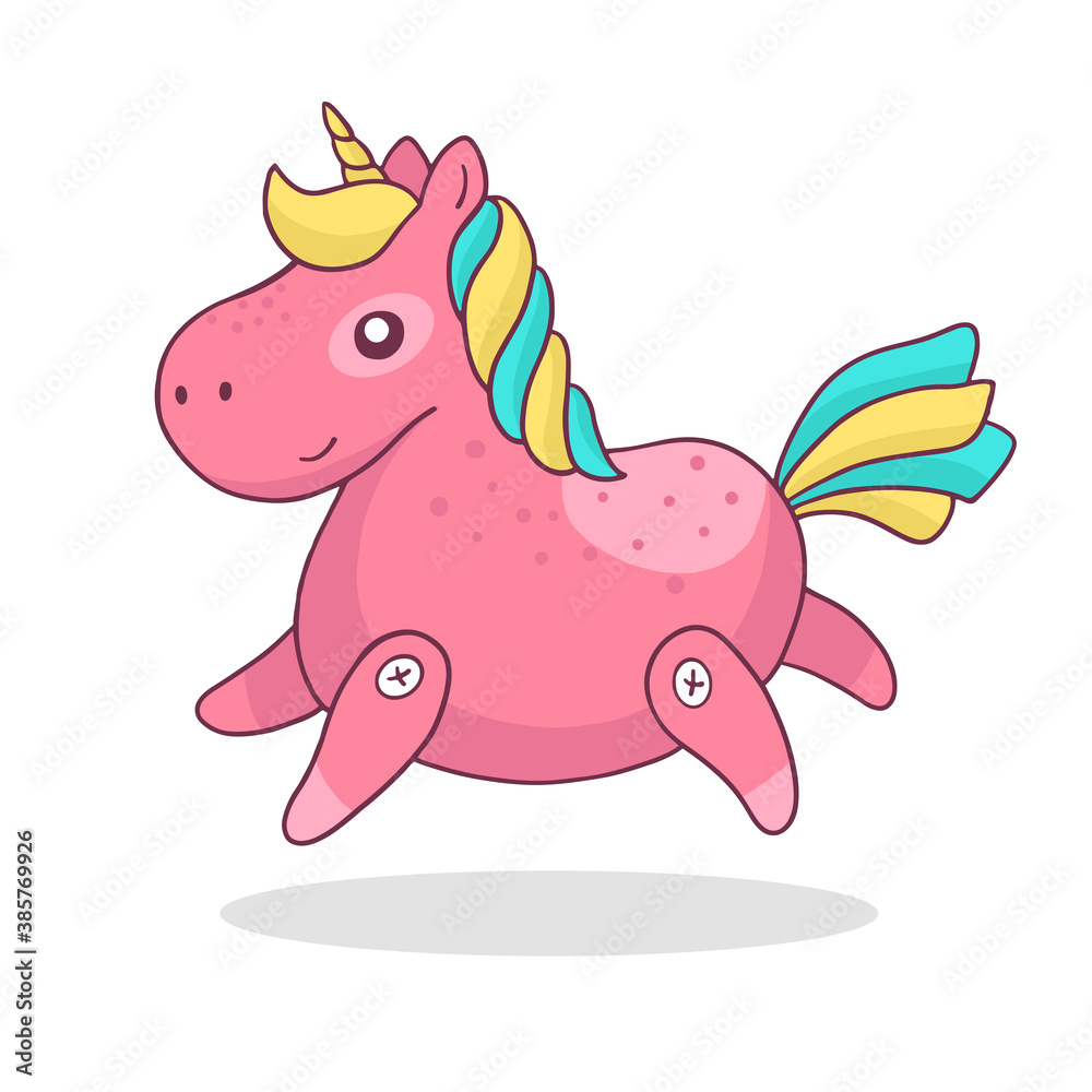 Vector illustration of magic pink unicorn with smile. Little pony with bright mane and golden horn on white background with shadow.