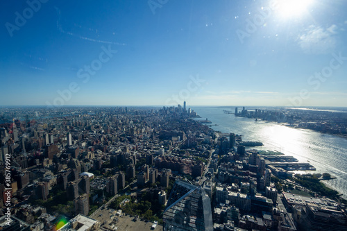 New York, NY / United States - Oct. 14, 2020: a landscape view of lower Manhattan, seen from "The Edge" an observation deck on 30 Hudson Yards.