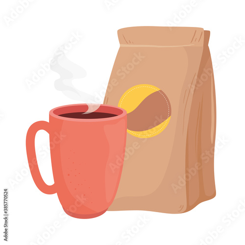 coffee beans bag and mug design of drink caffeine breakfast and beverage theme Vector illustration