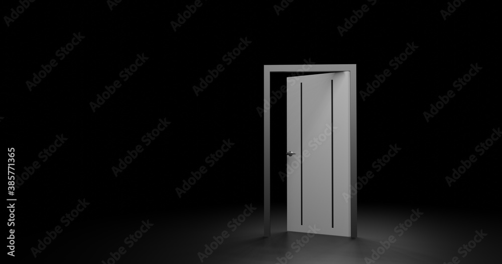 White Door Opened up. 3D rendering Illustration at Dark background and focus light with space for text