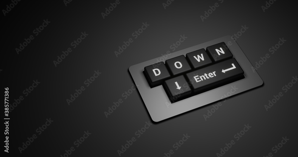 Down Lettering in Black Keyboard with Enter Button. 3D rendering Illustration at Dark background and focus light with space for text Down Lettering in Black Keyboard with Enter Button. 3D rendering Illustration at Dark background and focus light with space for text