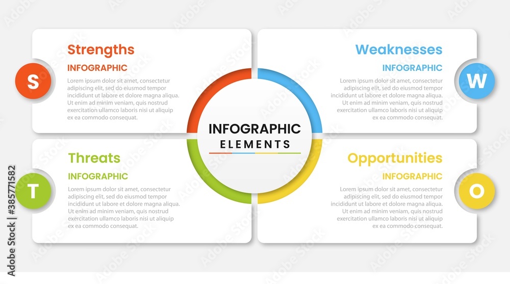 Four colorful elements with linear icons and place for text inside placed around circle. Concept of SWOT-analysis or strategic planning technique. Infographic design template. Vector illustration.