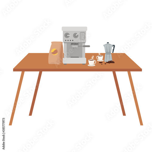 coffee machine beans bag cups and moka pot on table design of drink caffeine breakfast and beverage theme Vector illustration