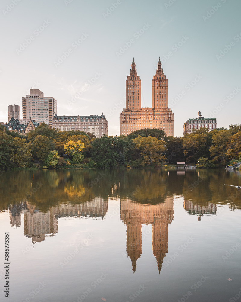 Buildings in the Upper West Side and The Lake, in Central Park, Manhattan, New York City