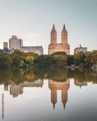 Buildings in the Upper West Side and The Lake, in Central Park, Manhattan, New York City