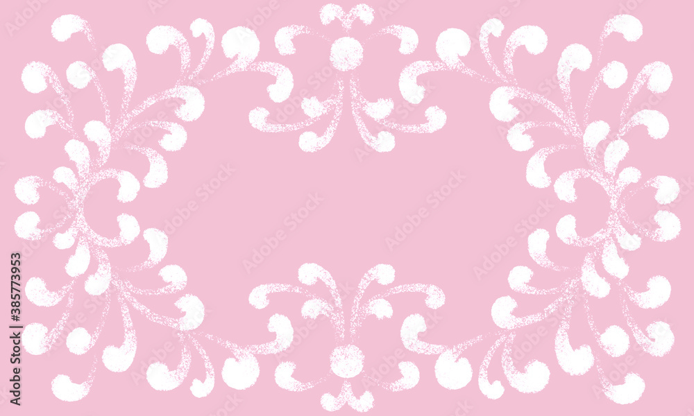 pink cute light festive background with frame and ornate patterns, hand drawn with brush strokes. classic vintage frame