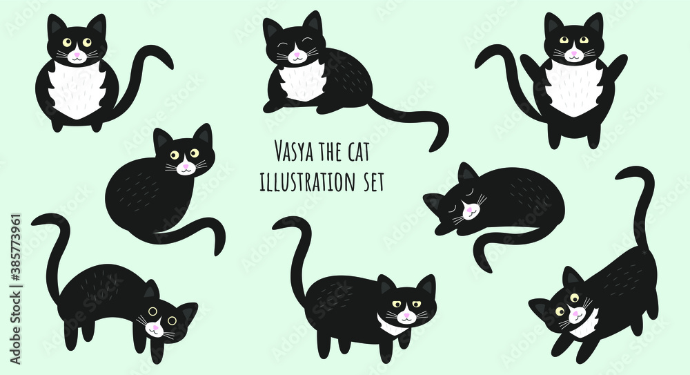 Сute funny black and white cat with different emotions set of doodle vector illustrations Сute funny black and white cat with different emotions set of doodle vector illustrations