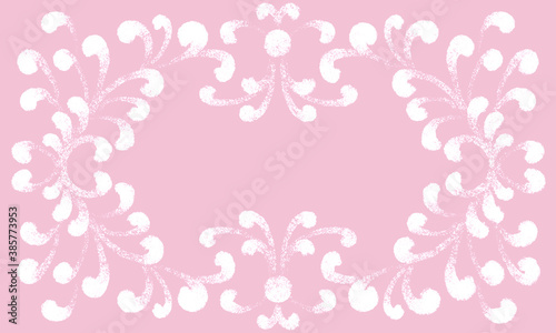 pink cute light festive background with frame and ornate patterns, hand drawn with brush strokes. classic vintage frame