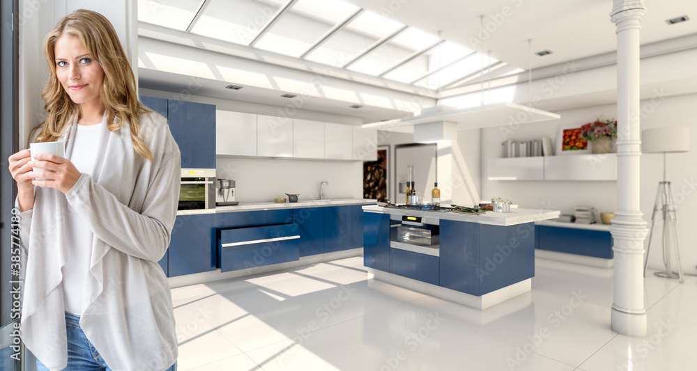 Fototapeta premium Woman having a coffee in a modern blue kitchen