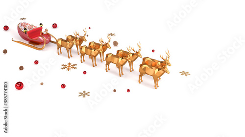Gold reindeers and Santa gifts sleigh, Christmas background, Concept for holiday glamour luxury season greeting card and new year, 3d rendering