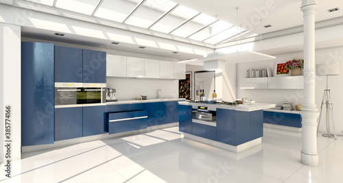 Foto Industrial style domestic kitchen with skylight in blue and white