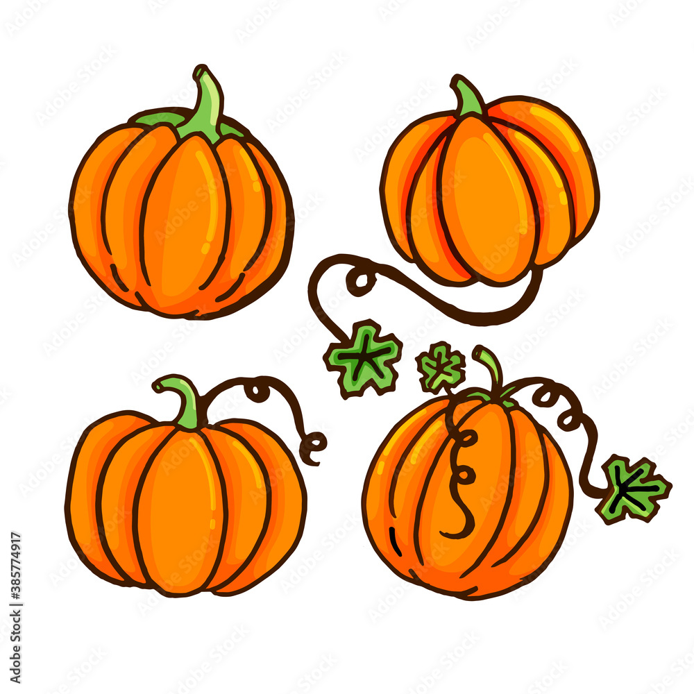 set of pumpkins for halloween vector illustration isolated on white background. hand drawn vector. doodle halloween party. cute dan fresh pumpkin for sticker, clip art, logo, wallpaper, cover, poster.