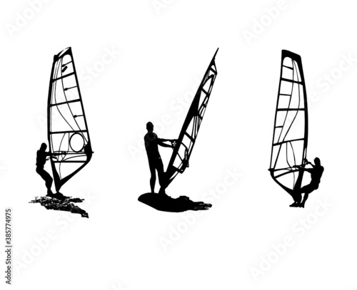Vector illustration with silhouettes of three windsurfer