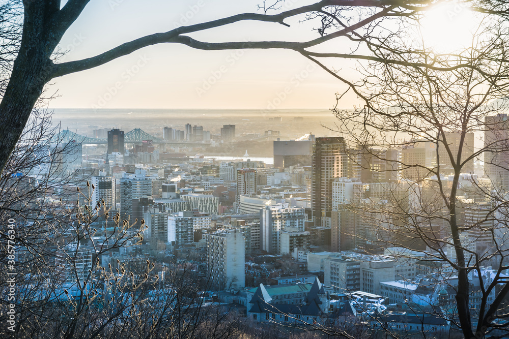 Montreal at sunrise from the top of Mount Royal, Quebec, Canada