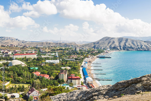 The city of Sudak. Republic of Crimea. View from the mountain to the bay. 12 October 2020